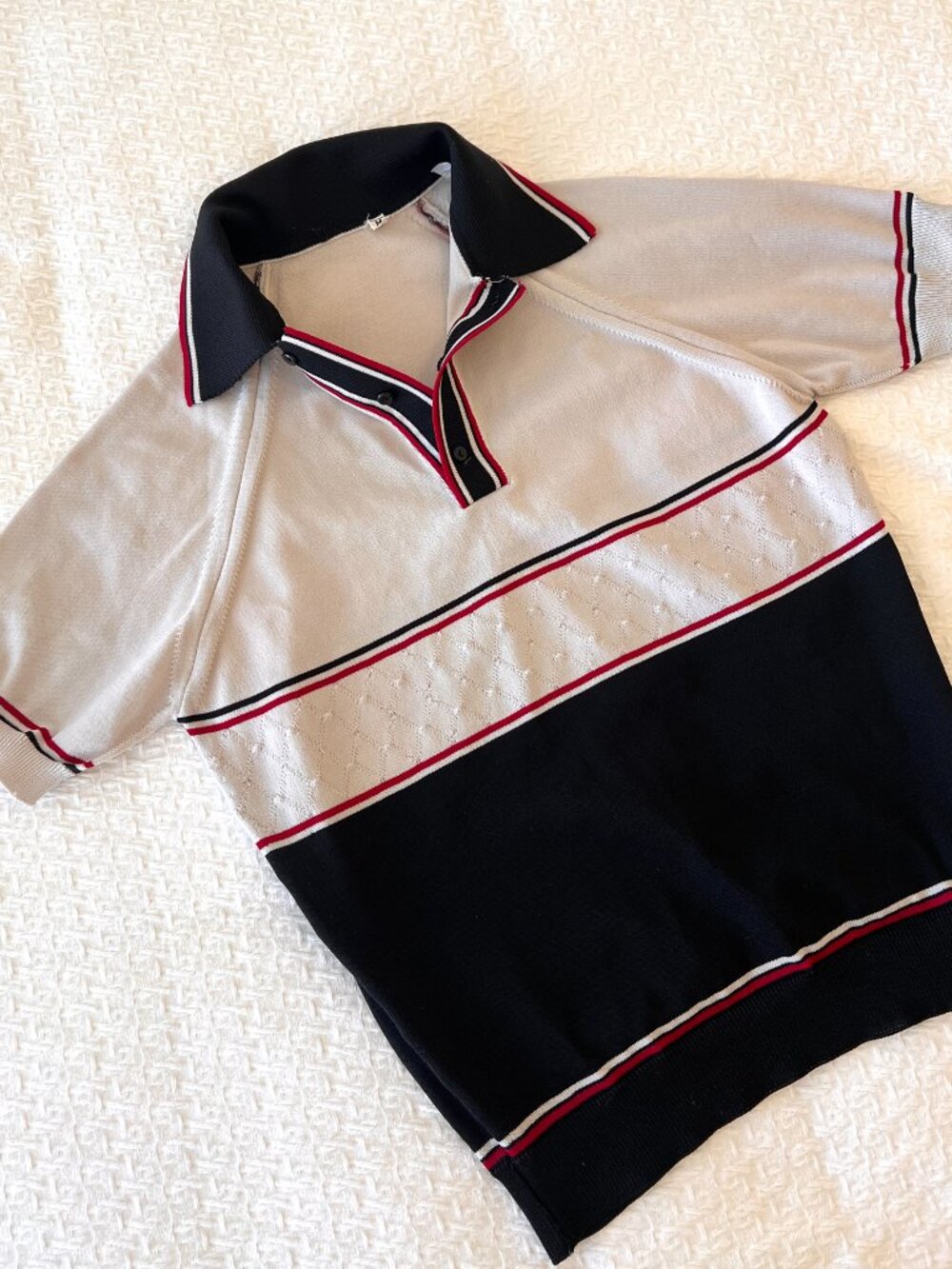 Vintage Knit Pullover Polo Shirt Textured Diamond Panel Black Cream Red - Size M